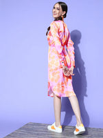 Women Pink Satin Floral Midi Shirt Dress