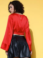 Women Red Gold Satin Flared Sleeve Crop Top