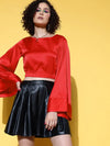 Women Red Gold Satin Flared Sleeve Crop Top