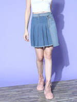 Women Navy & Blue Pleated Wrap Mini Denim Skirt