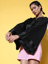 Women Black Satin Flared Sleeve Crop Top