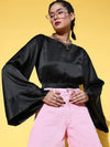 Women Black Satin Flared Sleeve Crop Top