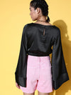 Women Black Satin Flared Sleeve Crop Top