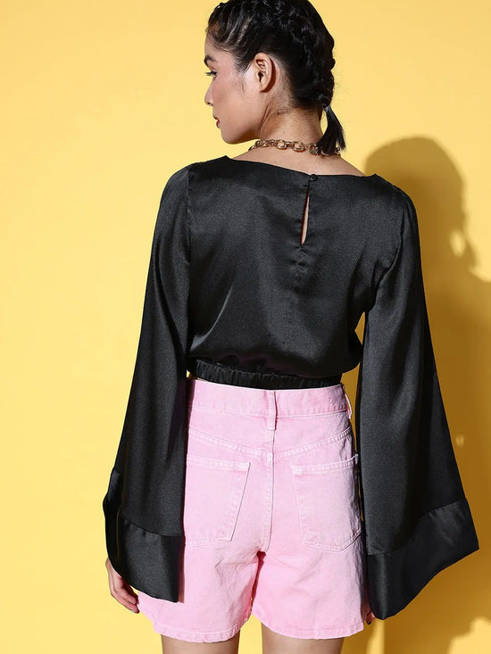 Women Black Satin Flared Sleeve Crop Top