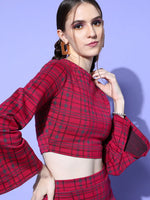 Women Fuchsia Check High Neck Zipper Crop Top