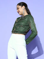 Women Green Lurex Full Sleeves Crop Top