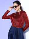 Women Red Lurex Full Sleeves Crop Top