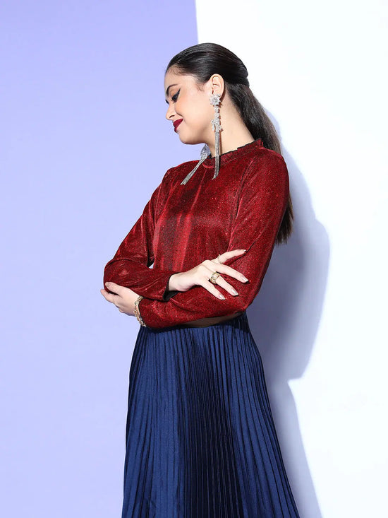 Women Red Lurex Full Sleeves Crop Top