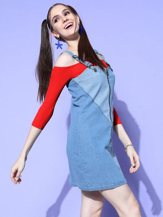 Women Blue & Navy ColorBlock Denim Pinafore