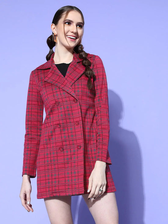 Women Fuchsia Check Mini Blazer Dress