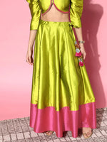 Women Green & Pink Contrast Border Anarkali Skirt