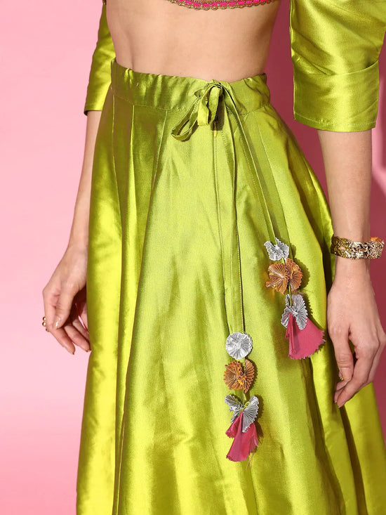 Women Green & Pink Contrast Border Anarkali Skirt