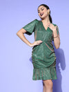 Women Green Lurex Wrap A-Line Mini Dress