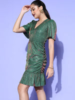 Women Green Lurex Wrap A-Line Mini Dress