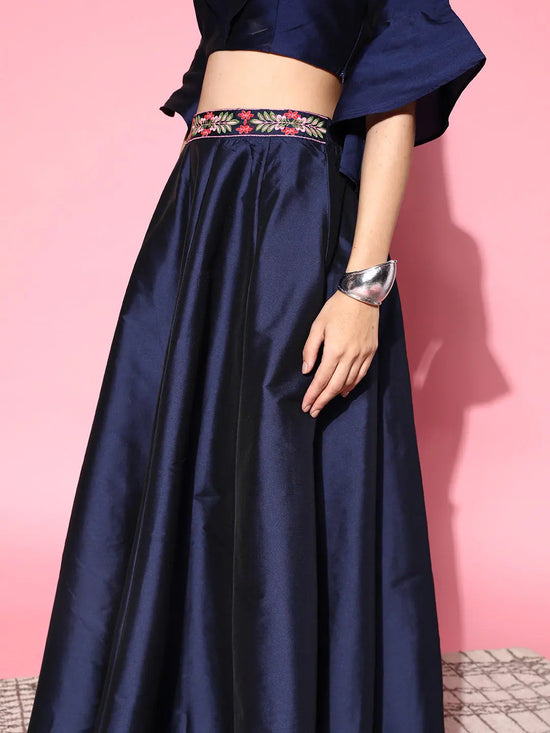 Women Navy Embroidered Waistband Anarkali Skirt