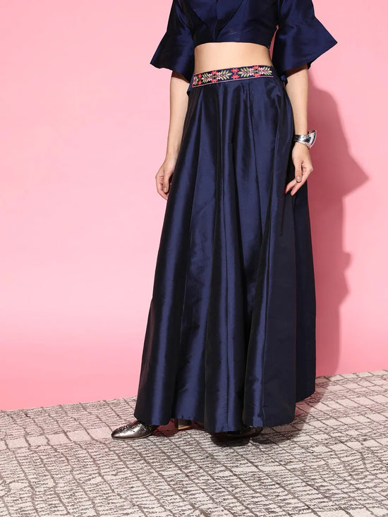 Women Navy Embroidered Waistband Anarkali Skirt