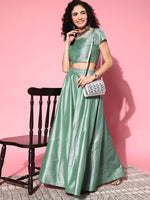 Women Green Mirror Embroidered Waistband Anarkali Skirt