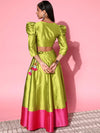 Women Green Zari Lace Crop Top With Contrast Anarkali Skirt