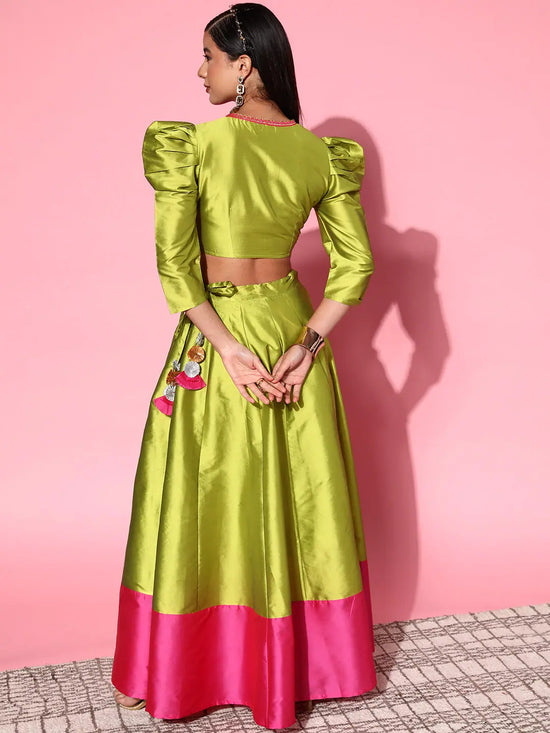 Women Green Zari Lace Crop Top With Contrast Anarkali Skirt