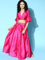 Women Pink Notched Crop Top With Anarkali Skirt