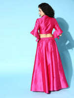 Women Pink Notched Crop Top With Anarkali Skirt