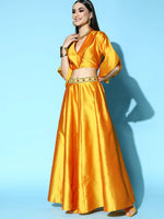 Women Mustard Notched Crop Top With Anarkali Skirt