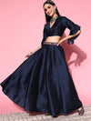 Women Navy Notched Crop Top With Anarkali Skirt