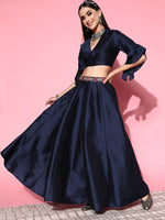 Women Navy Notched Crop Top With Anarkali Skirt