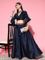 Women Navy Notched Crop Top With Anarkali Skirt