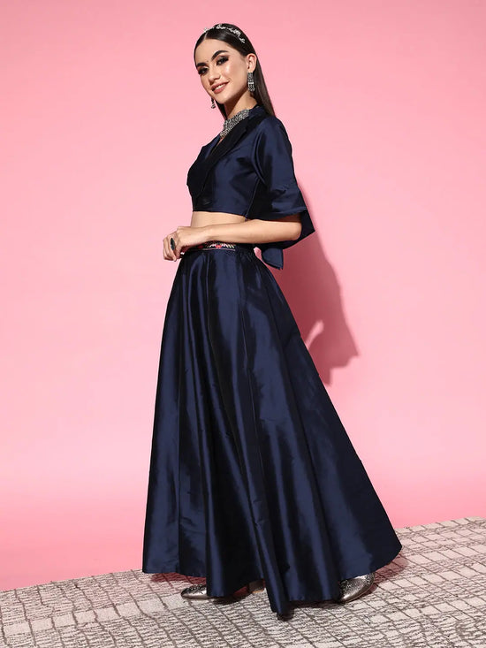 Women Navy Notched Crop Top With Anarkali Skirt