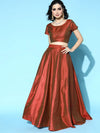 Women Rust Mirror Emb Crop Top With Anarkali Skirt