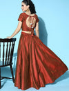 Women Rust Mirror Emb Crop Top With Anarkali Skirt