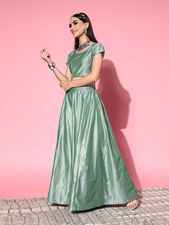 Women Green Mirror Crop Top With Anarkali Skirt