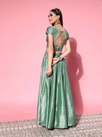 Women Green Mirror Crop Top With Anarkali Skirt