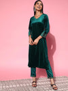 Women Emerald Green Velvet Embroidered Kurta With Pants