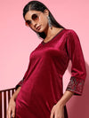 Women Maroon Velvet Embroidered Kurta With Pants