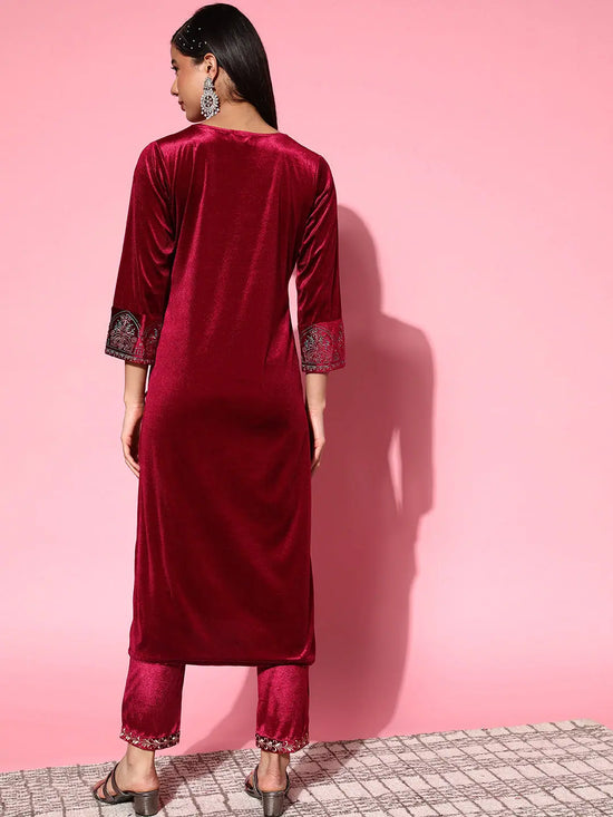 Women Maroon Velvet Embroidered Kurta With Pants