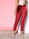 Women Maroon Velvet Embroidered Pencil Pants