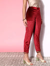 Women Maroon Velvet Embroidered Pencil Pants