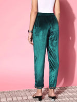 Women Emerald Green Velvet Embroidered Pencil Pants