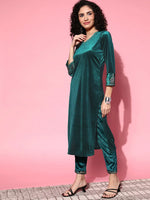 Women Emerald Green Velvet Embroidered Straight Kurta