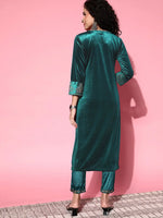 Women Emerald Green Velvet Embroidered Straight Kurta