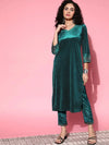 Women Emerald Green Velvet Embroidered Straight Kurta