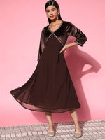 Women Brown Velvet Zari Embroidered Dress