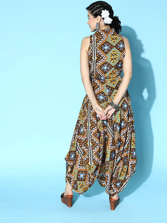 Women Mustard Geometric Print Shirt Collar Dhoti Dress