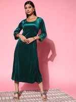 Women Emerald Green Velvet Zari Emb Anarkali Dress