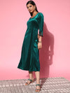 Women Emerald Green Velvet Zari Emb Anarkali Dress