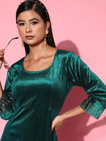 Women Emerald Green Velvet Zari Emb Anarkali Dress