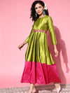 Women Green Contrast Border Anarkali Maxi Dress