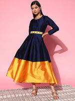 Women Navy Contrast Border Anarkali Maxi Dress